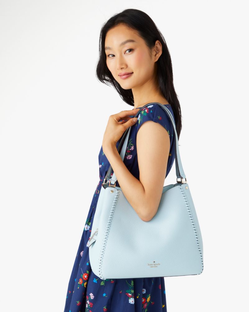 Kate Spade,leila pebbled leather whipstitch medium triple compartment shoulder bag,Dewy Blue