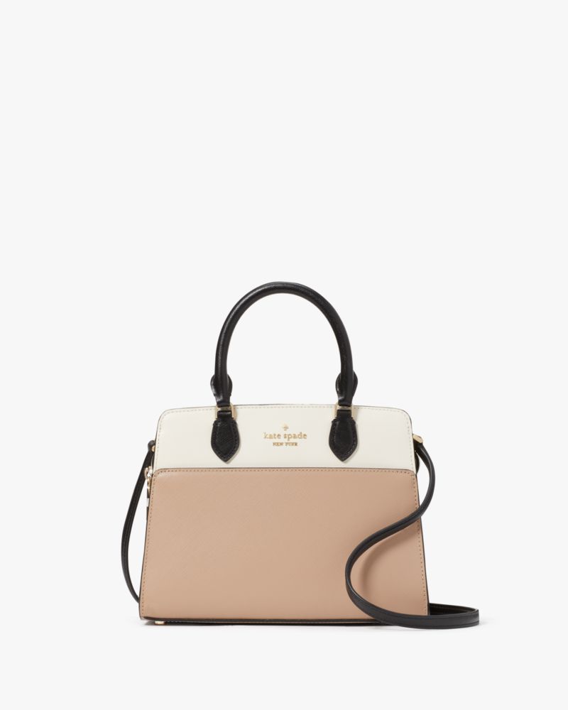 Kate Spade,Madison Small Satchel,Leather,Satchel,Logo,Metal,Color Block,Lined,Casual,Beige