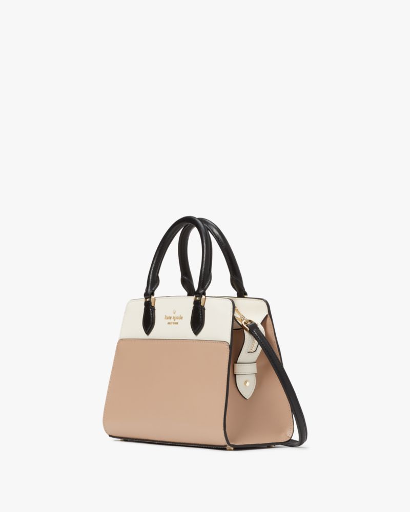 Kate Spade,Madison Small Satchel,Leather,Satchel,Logo,Metal,Color Block,Lined,Casual,Beige