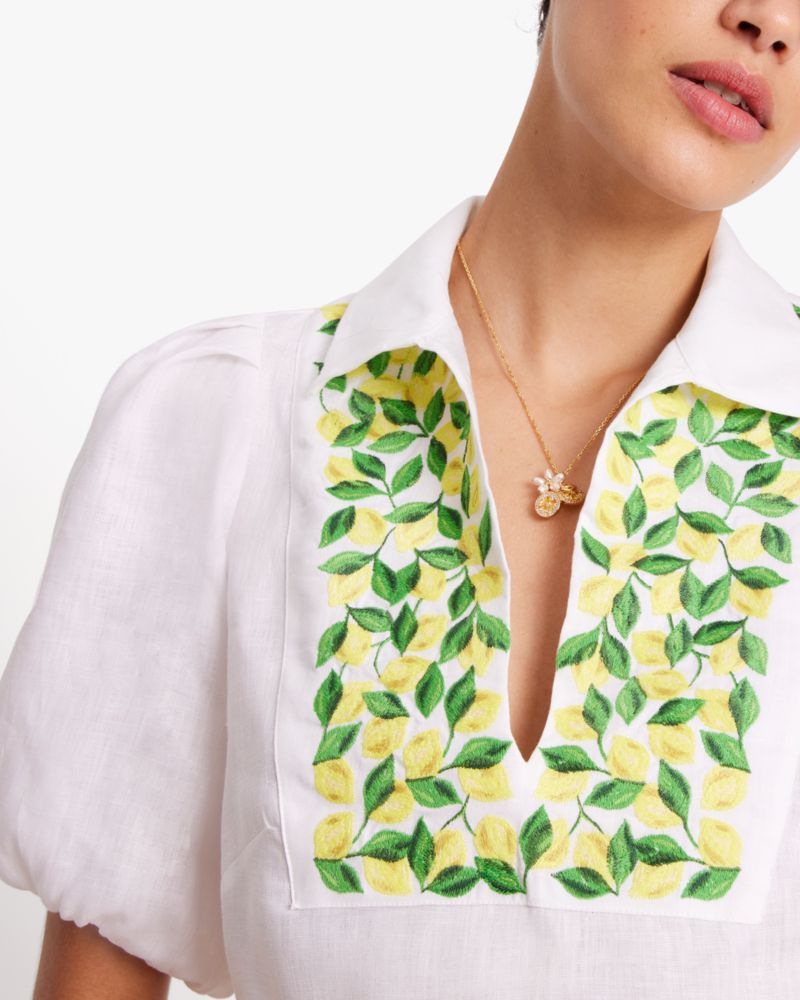Kate Spade,Embroidered Lemons Puff Sleeve Top,Fresh White image number 0
