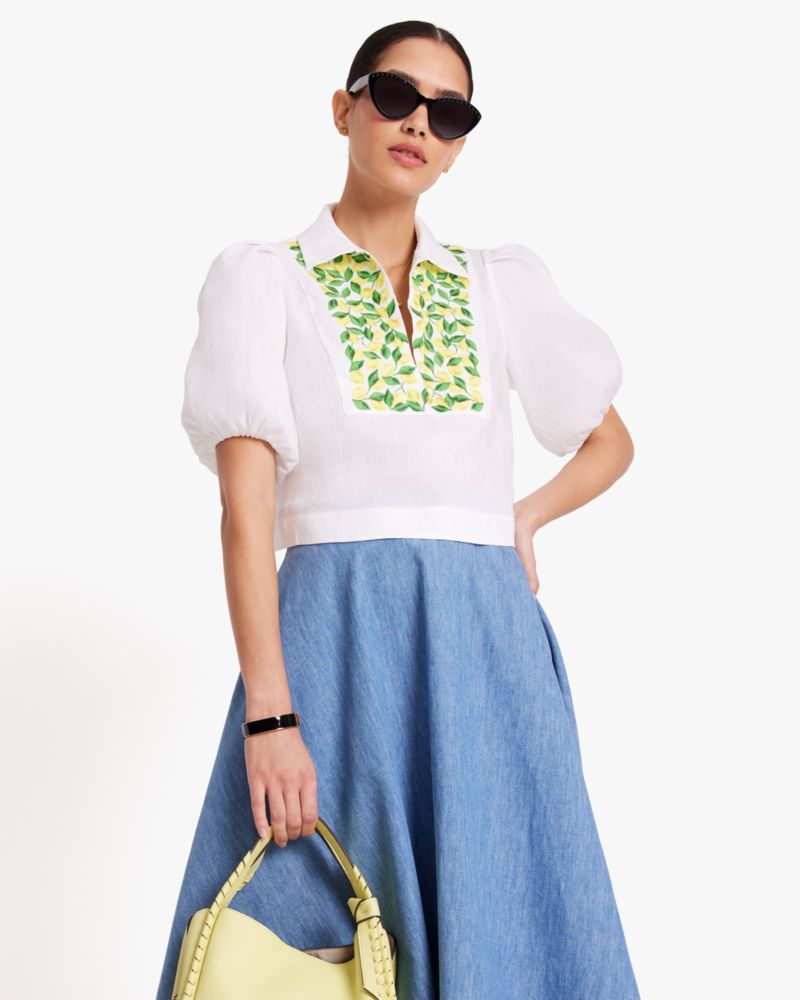 Kate Spade,Embroidered Lemons Puff Sleeve Top,