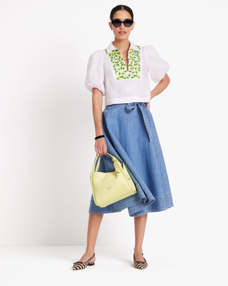 Kate Spade,Embroidered Lemons Puff Sleeve Top,Fresh White