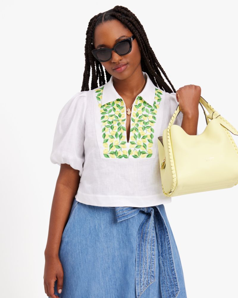 Kate Spade,Embroidered Lemons Puff Sleeve Top,White