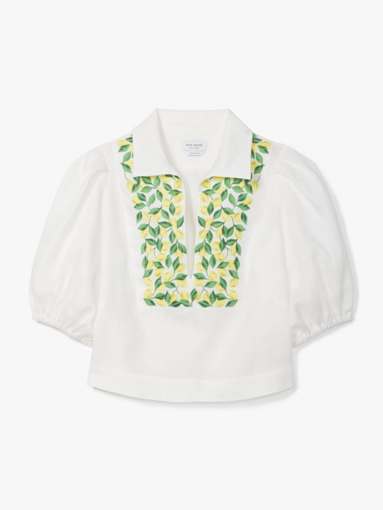 Kate Spade,Embroidered Lemons Puff Sleeve Top,White