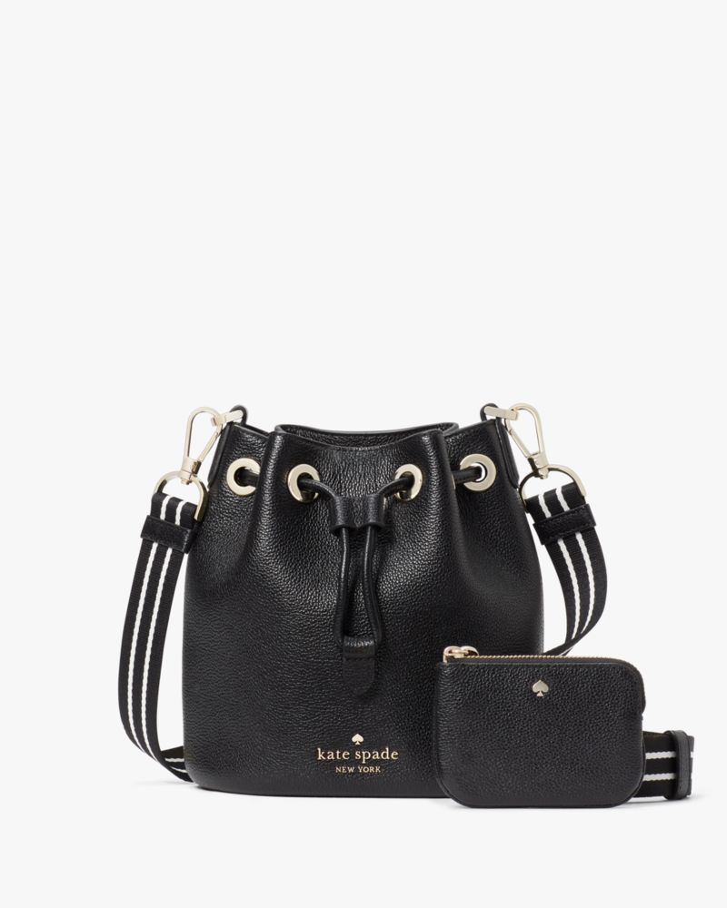 Kate Spade,Rosie Small Bucket Bag,Leather,Lining Leather,Coin,Bucket,Metal,Logo,Stripe,Lined,Casual,Black