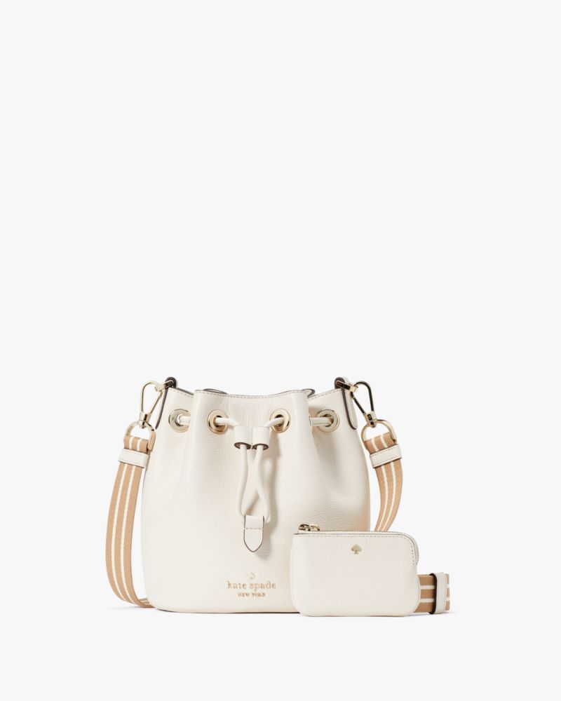 Kate Spade,Rosie Small Bucket Bag,Leather,Lining Leather,Coin,Bucket,Metal,Logo,Stripe,Lined,Casual,Cream,White