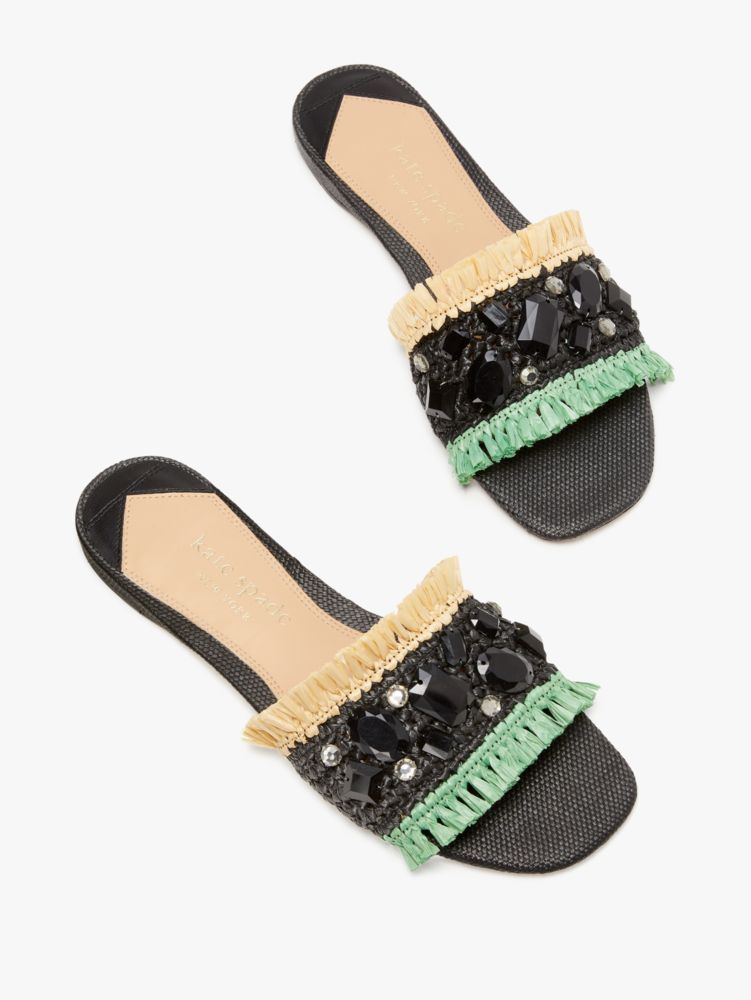 Kate Spade,Bora Bora Slide Sandals,Rubber,Slides,Frayed,Rhinestones,Day Party,Black