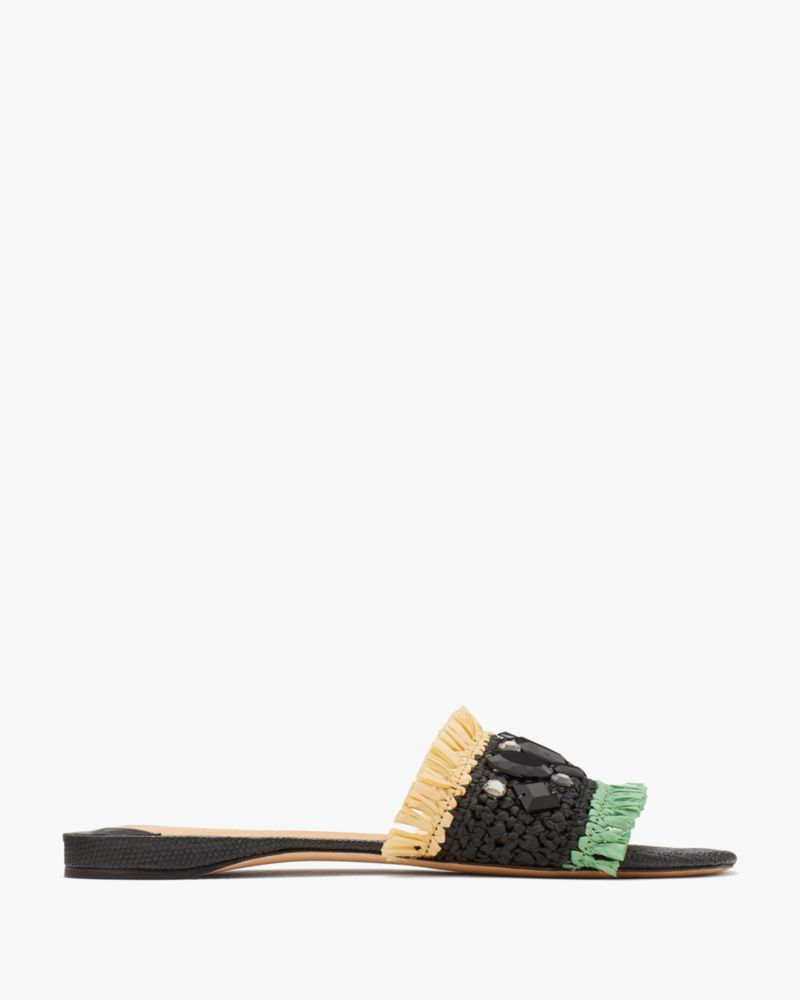 Kate Spade,Bora Bora Slide Sandals,Rubber,Slides,Frayed,Rhinestones,Day Party,Black