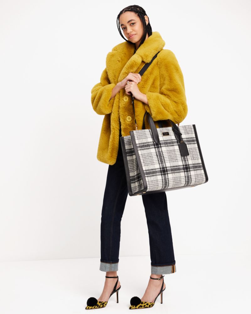 Kate Spade,Manhattan Studio Plaid Large Tote,French Cream Multi