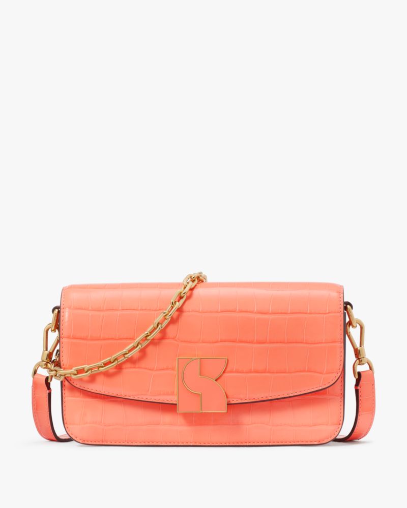 Kate Spade,Dakota Croc-embossed Small Crossbody,Twill,Leather,Crossbody,Metal,Logo,Shoulder Guard,Day Party,Coral