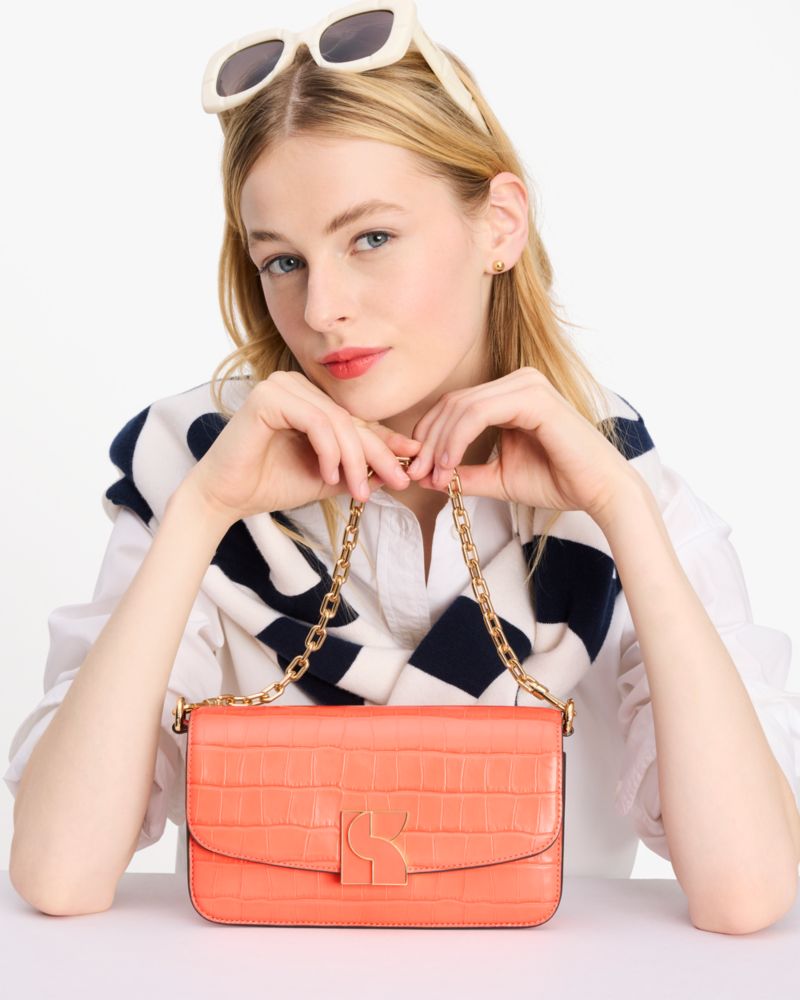 Kate Spade,Dakota Croc-embossed Small Crossbody,Twill,Leather,Crossbody,Metal,Logo,Shoulder Guard,Day Party,Coral