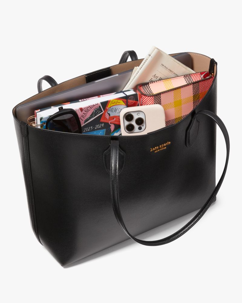 Kate Spade,Bleecker Large Tote,Leather,Tote,Wristlet,Pouch,Logo,Metal,Word Embellishment,Work,Casual,Blue