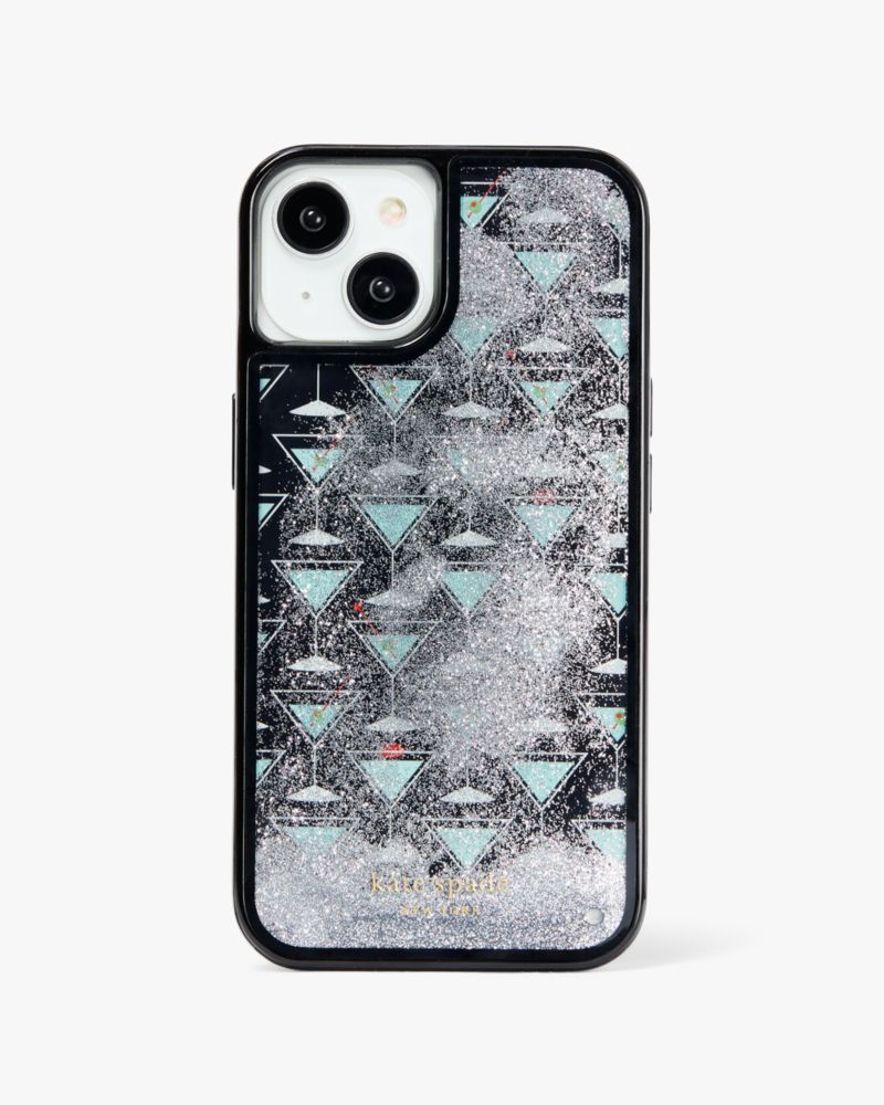 Kate Spade,Shaken Not Stirred Liquid Glitter iPhone 14 Case,Case,Glitter,Logo,Word Embellishment,Casual,Black