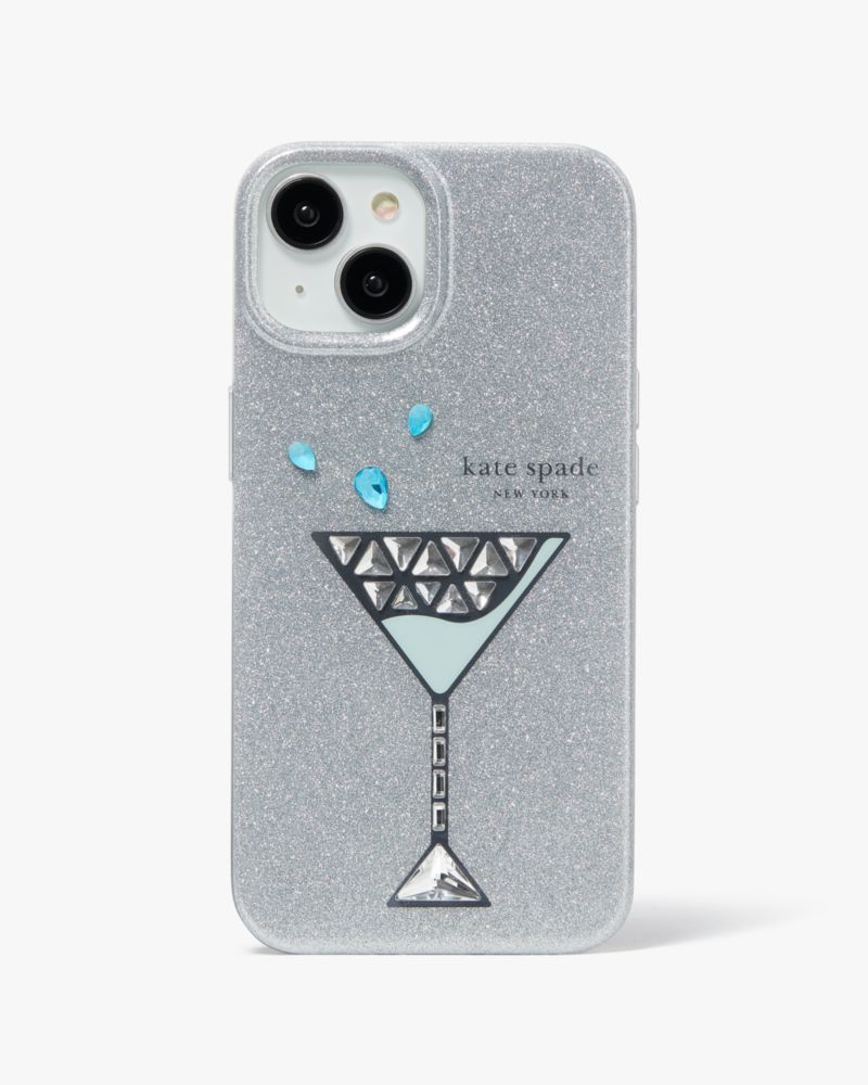 Kate Spade,Shaken Not Stirred Embellished iPhone 14 Case,Silver/Blue