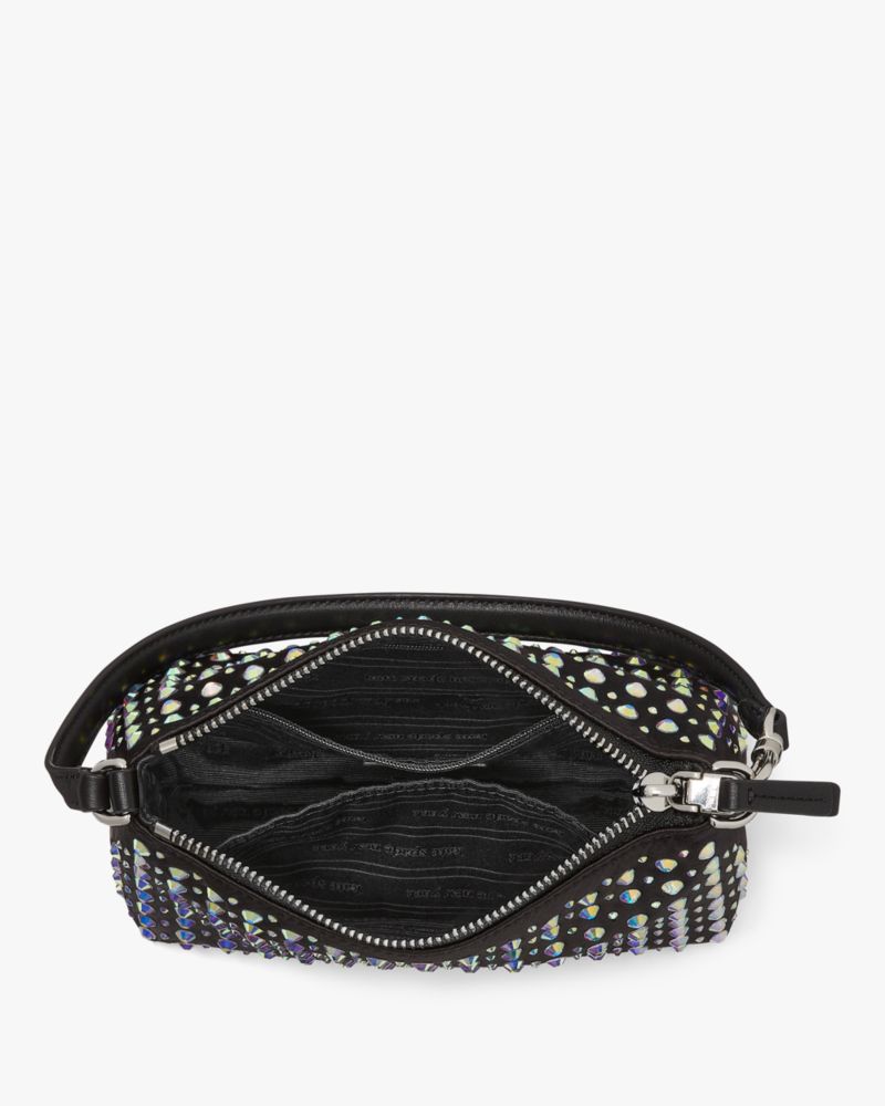 Kate Spade,Lulu Crystal Embellished East West Pochette,Leather,Pouch,Wristlet,Logo,Metal,Rhinestones,Embellished,Party,Black