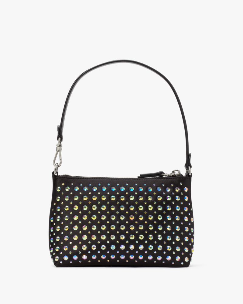 Kate Spade,Lulu Crystal Embellished East West Pochette,Leather,Pouch,Wristlet,Logo,Metal,Rhinestones,Embellished,Party,Black