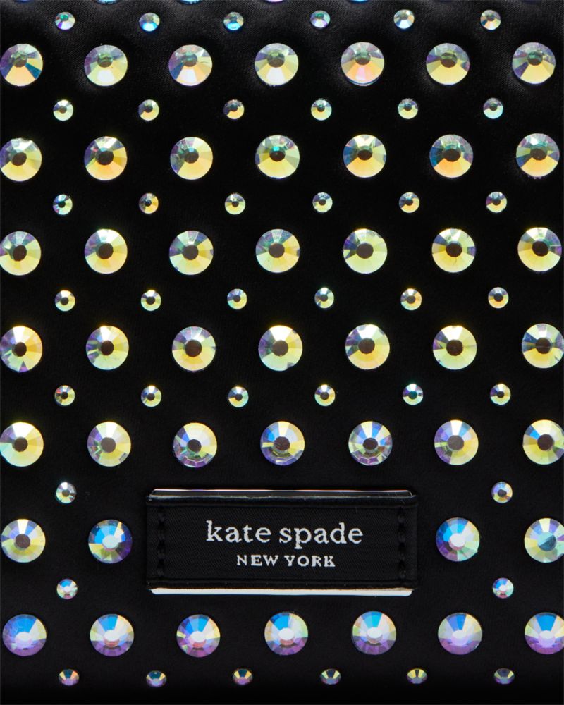 Kate Spade,Lulu Crystal Embellished East West Pochette,Leather,Pouch,Wristlet,Logo,Metal,Rhinestones,Embellished,Party,Black