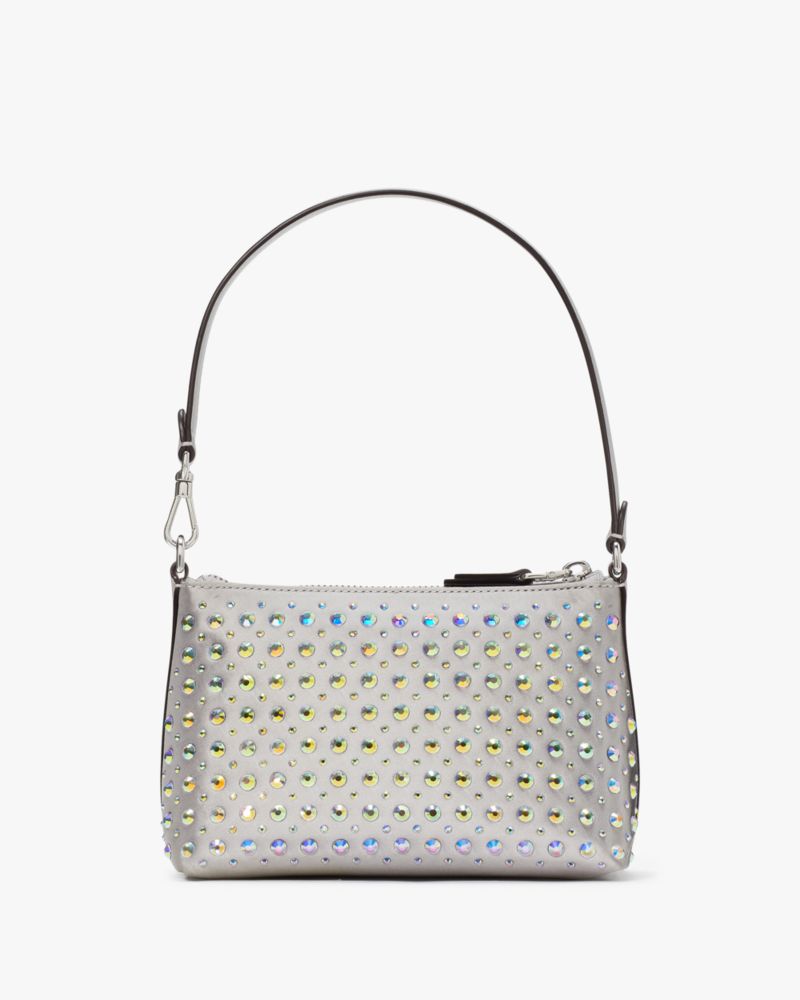 Kate Spade,Lulu Crystal Embellished East West Pochette,Leather,Pouch,Wristlet,Logo,Metal,Rhinestones,Embellished,Party,Metallic,Silver