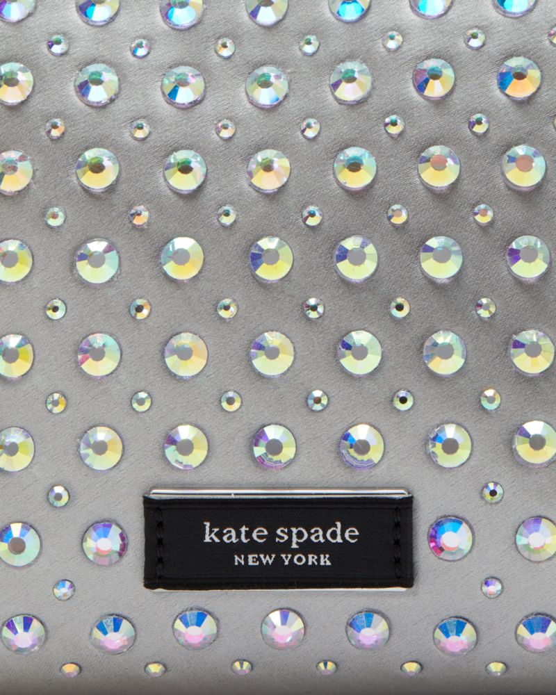Kate Spade,Lulu Crystal Embellished East West Pochette,Leather,Pouch,Wristlet,Logo,Metal,Rhinestones,Embellished,Party,Metallic,Silver