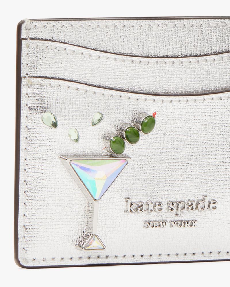Kate Spade,Shaken Not Stirred Embellished Metallic Cardholder,Leather,Card Case,Metal,Logo,Embellished,Scratch Resistant,C...,Metallic,Silver