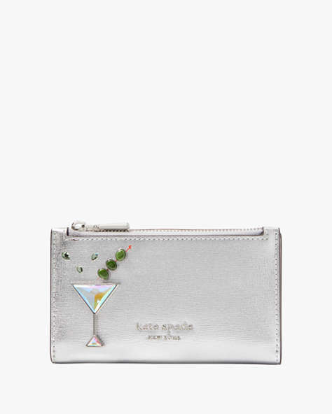 Kate Spade,Shaken Not Stirred Embellished Metallic Small Slim Bifold Wallet,Silver Multi