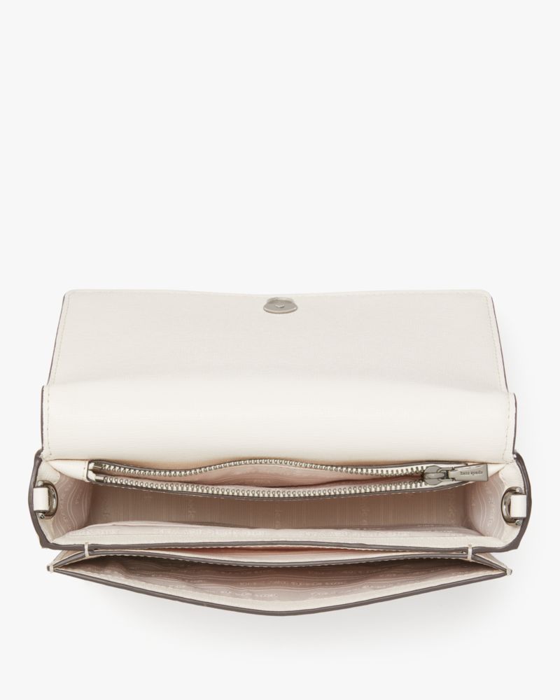 Kate Spade,Morgan Crystal Inlay Flap Chain Wallet,Leather,Crossbody,Chain Detail,Logo,Metal,Rhinestones,Scratch Resistant,...,Cream
