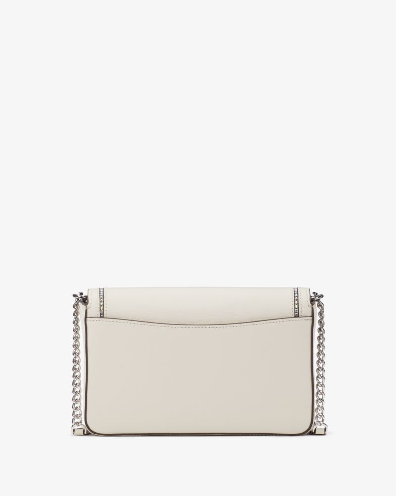 Kate Spade,Morgan Crystal Inlay Flap Chain Wallet,Leather,Crossbody,Chain Detail,Logo,Metal,Rhinestones,Scratch Resistant,...,Cream