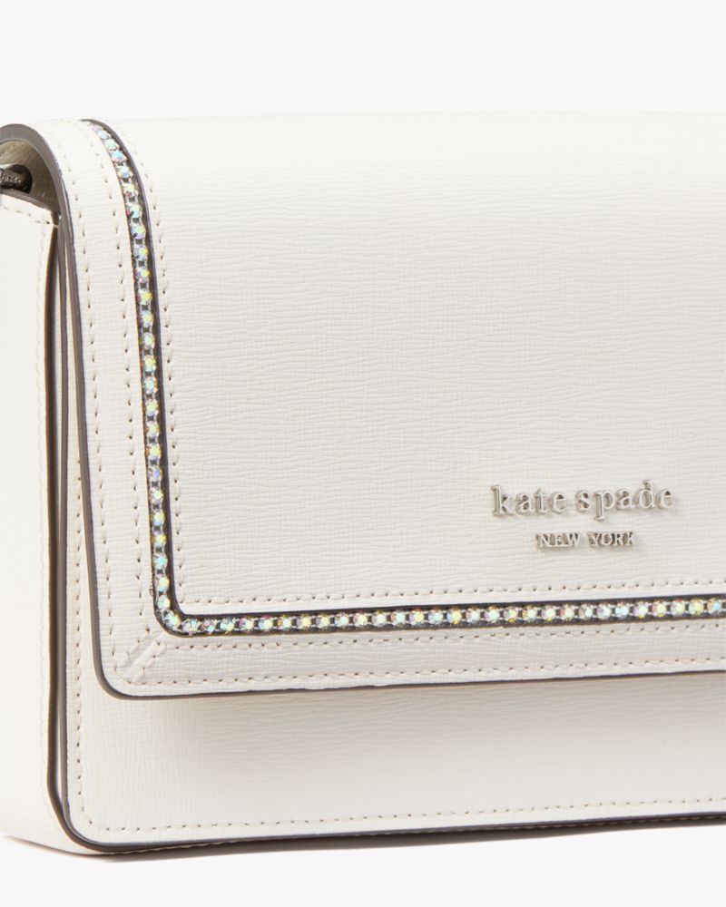 Kate Spade,Morgan Crystal Inlay Flap Chain Wallet,Leather,Crossbody,Chain Detail,Logo,Metal,Rhinestones,Scratch Resistant,...,Cream