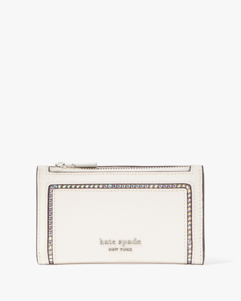 Kate Spade,Morgan Crystal Inlay Small Slim Bifold Wallet,Parchment