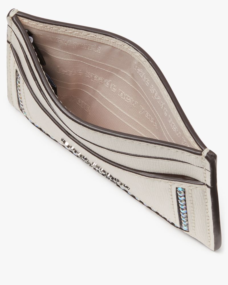 Kate Spade,Morgan Crystal Inlay Cardholder,Leather,Card Case,Metal,Rhinestones,Logo,Scratch Resistant,Casual,Cream
