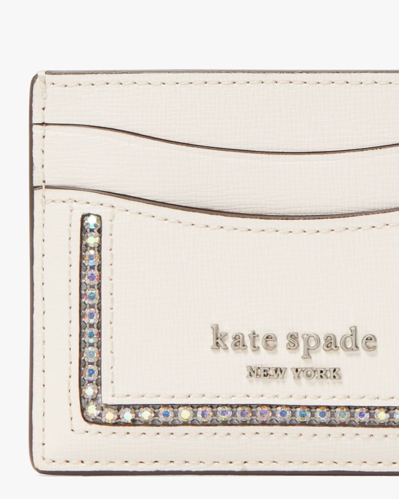 Kate Spade,Morgan Crystal Inlay Cardholder,Leather,Card Case,Metal,Rhinestones,Logo,Scratch Resistant,Casual,Cream