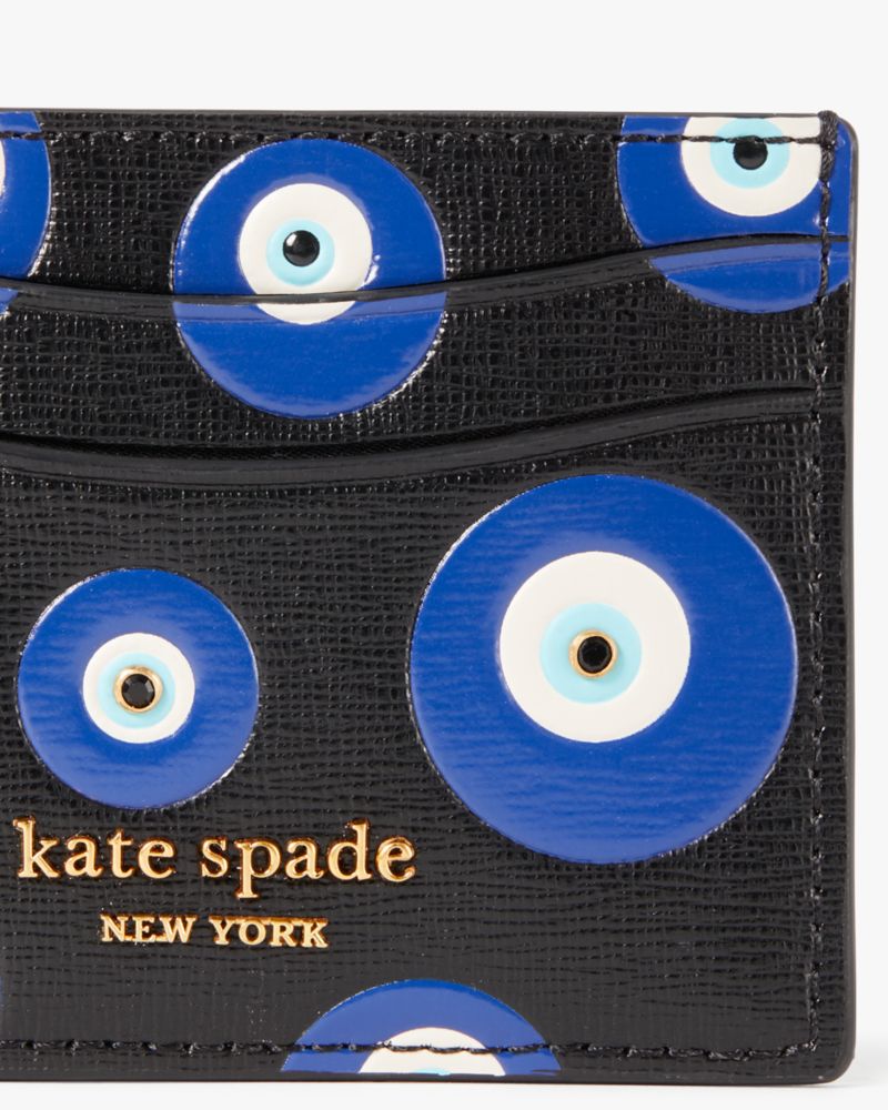 Kate Spade,Morgan Evil Eye Embellished Cardholder,Leather,Card Case,Metal,Rhinestones,Logo,Key Ring,Casual,Black