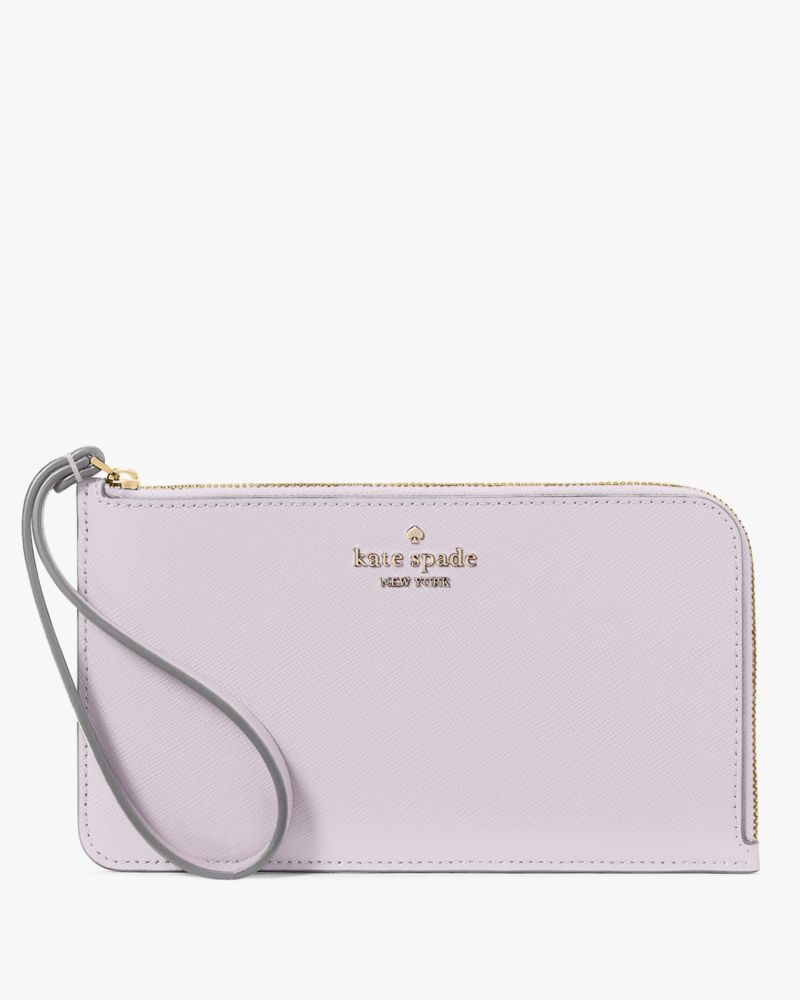 Kate Spade,Lucy Medium L-zip Wristlet,Leather,Wristlet,Logo,Metal,Silver Metal,Casual,