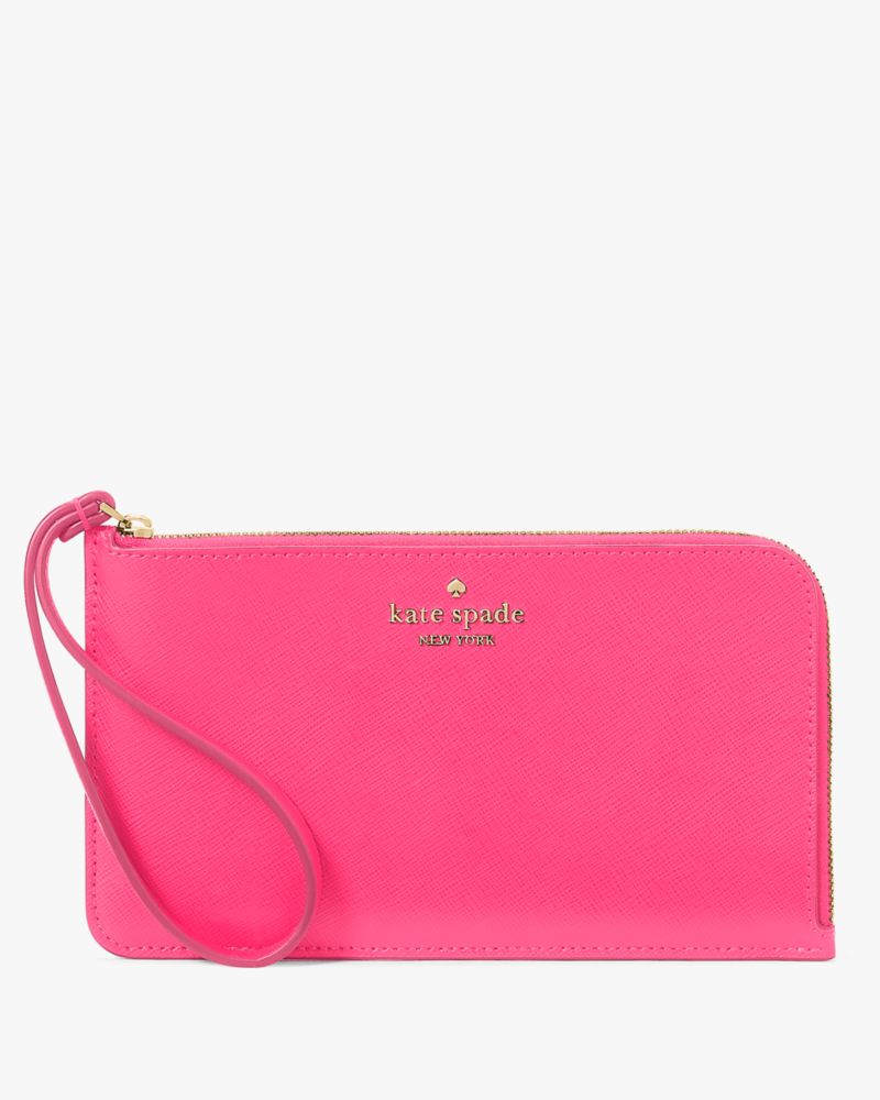 Kate Spade,Lucy Medium L-Zip Wristlet,Leather,Wristlet,Metal,Logo,Silver Metal,Casual,Fuchsia