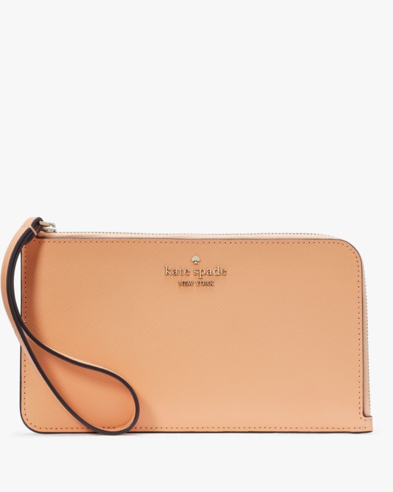 Kate Spade,Lucy Medium L-Zip Wristlet,Leather,Wristlet,Logo,Metal,Silver Metal,Casual,Orange