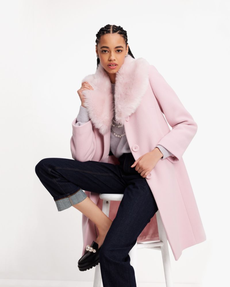 Kate Spade,Faux Fur Lapel Wool Coat,Impatiens Pink