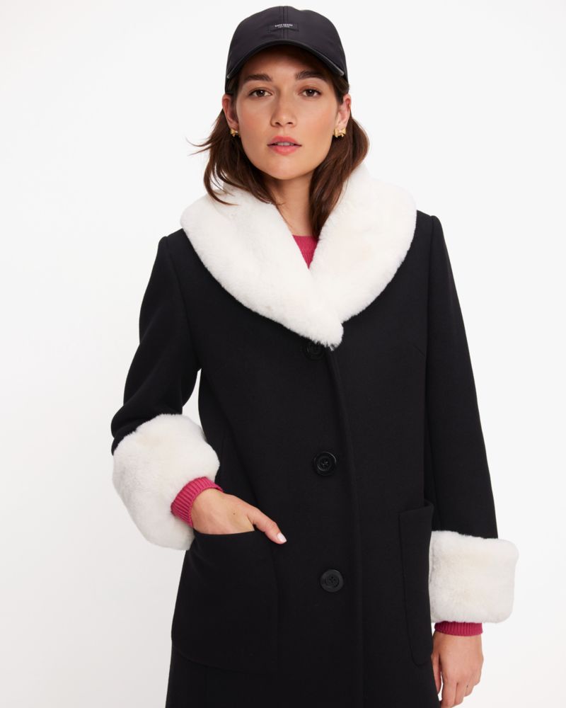 Kate Spade,Faux Fur Trim Wool Coat,