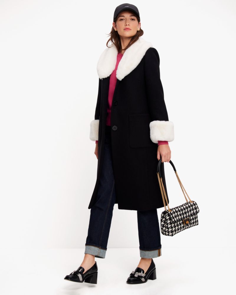 Kate Spade,Faux Fur Trim Wool Coat,