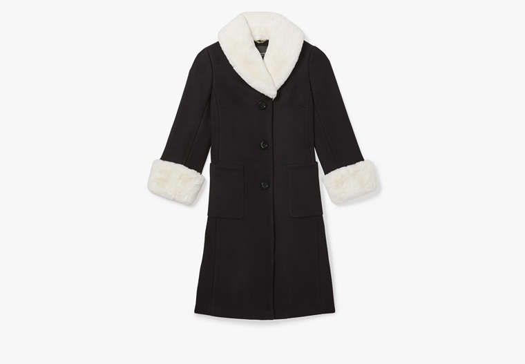 Kate Spade,Faux Fur Trim Wool Coat,Black