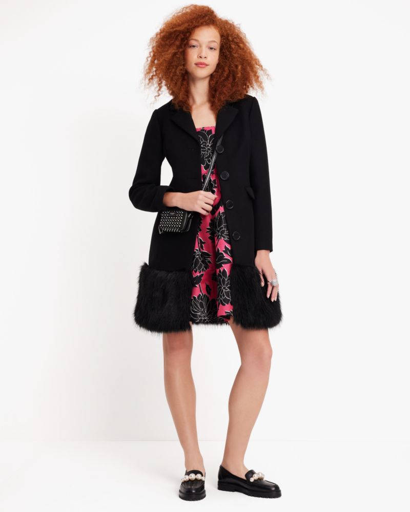 Kate Spade,Faux Fur Hem Wool Coat,Black