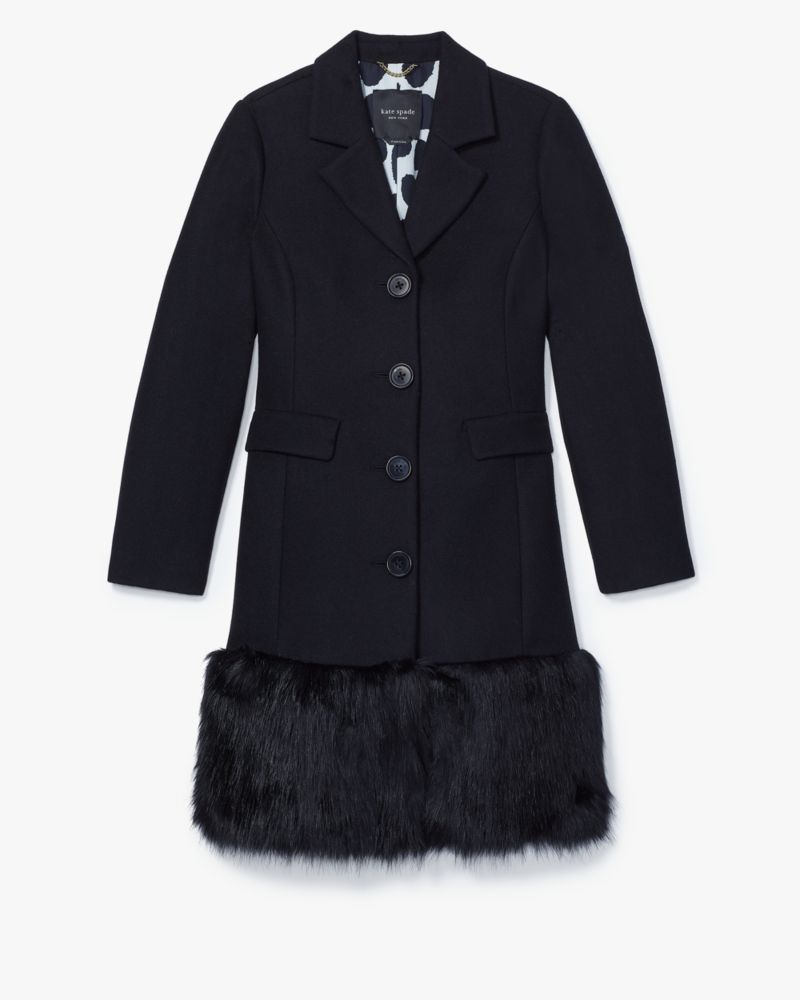 Kate Spade,Faux Fur Hem Wool Coat,Black