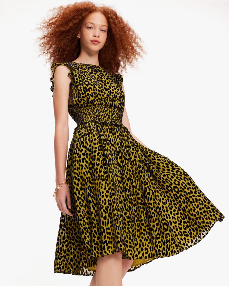 Kate Spade,Modern Leopard Smocked Waist Dress,Wear to Work,Chartreuse Green