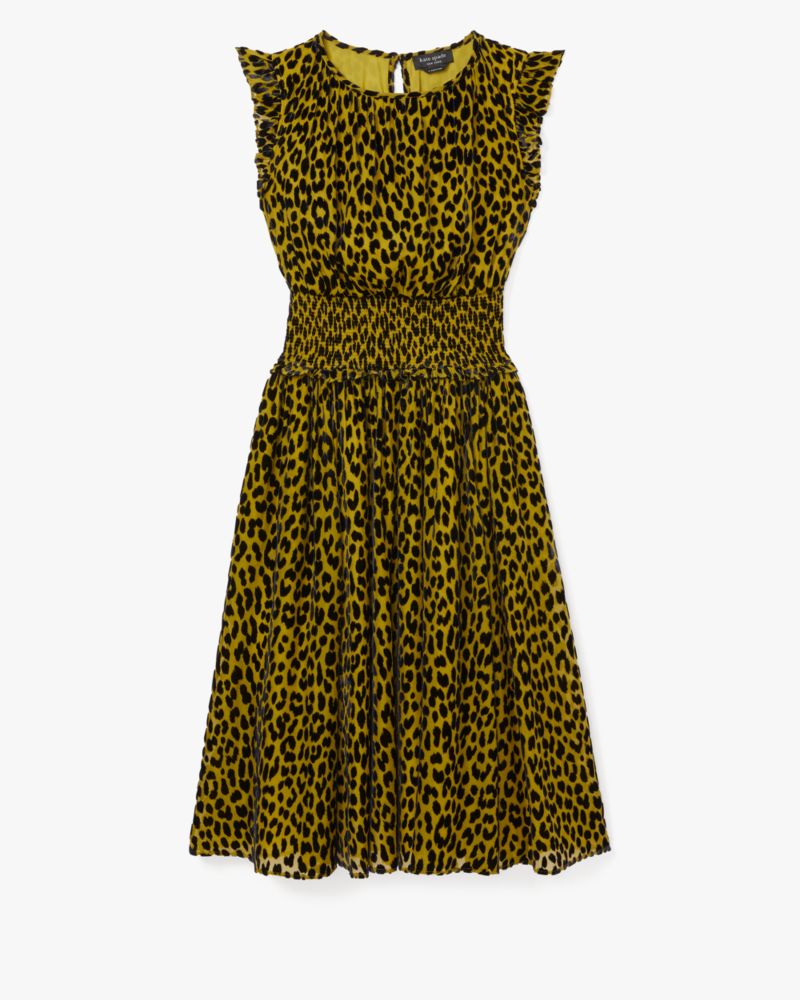 Kate Spade,Modern Leopard Smocked Waist Dress,Wear to Work,Chartreuse