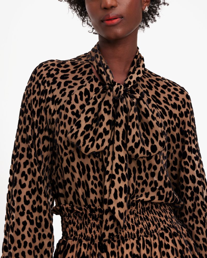 Kate Spade,Modern Leopard Tie-Neck Shirt,Light Tobacco