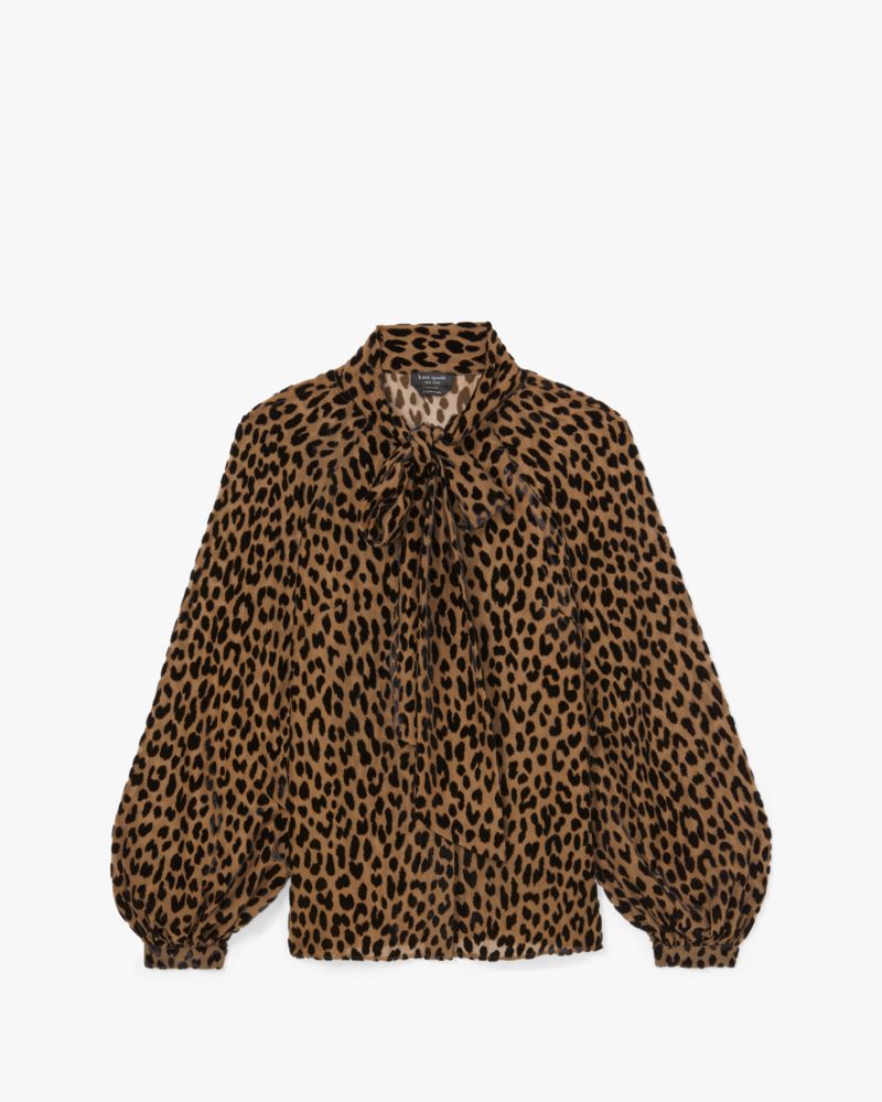 Kate Spade,Modern Leopard Tie-Neck Shirt,Light Tobacco