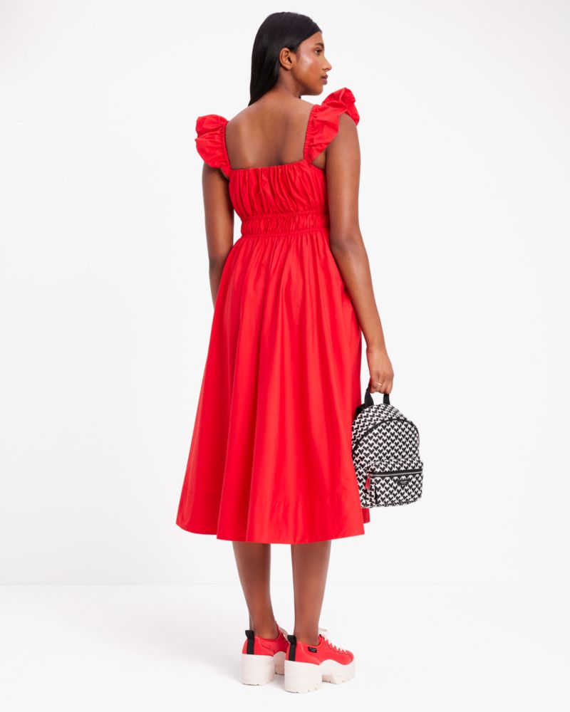 Kate Spade,Poplin Smocked Dress,Elastane,Cotton,A-Line,Gathered Elastic Detail,Shirring,Ruffles,Day Party,Red