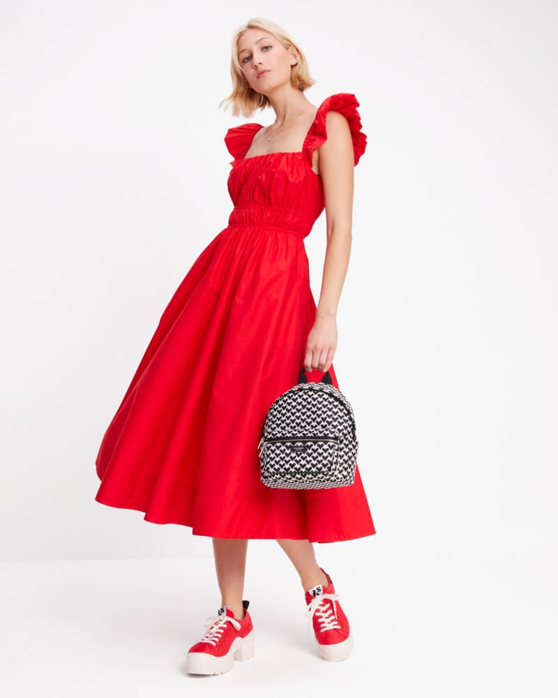 Kate Spade,Poplin Smocked Dress,Elastane,Cotton,A-Line,Gathered Elastic Detail,Shirring,Ruffles,Day Party,Red