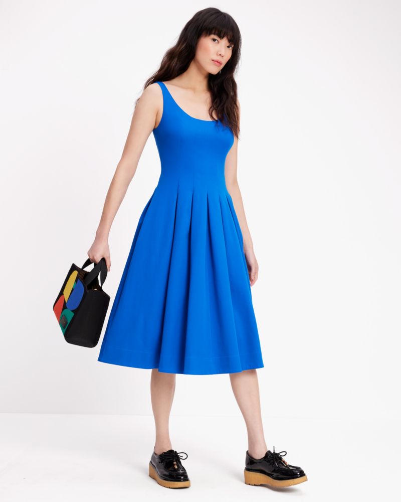 Kate Spade,Twill Scoop Neck Dress,Cotton,A-Line,Pleats,Casual,Blue