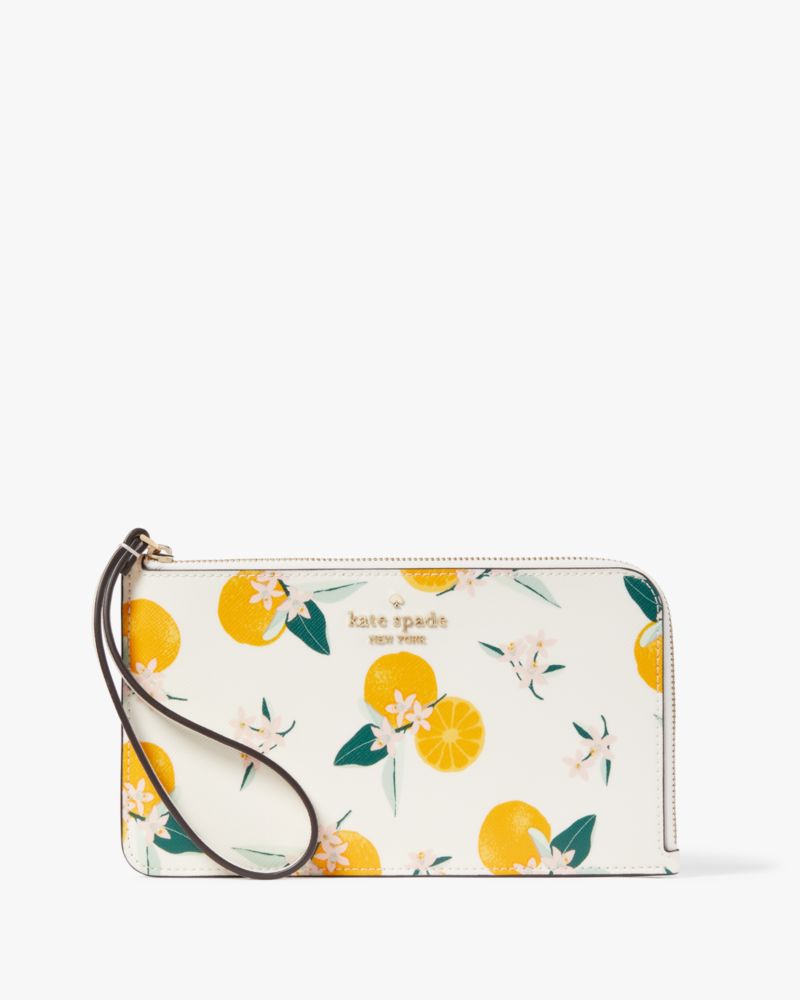 Kate Spade,lucy orange toss printed medium  l-zip wristlet,Cream Multi