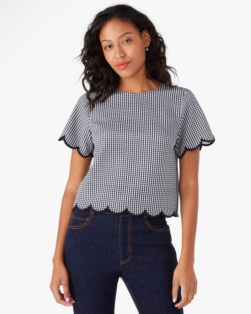 Kate Spade,Jazzy Gingham Scalloped Ponte Top,Black/Cream